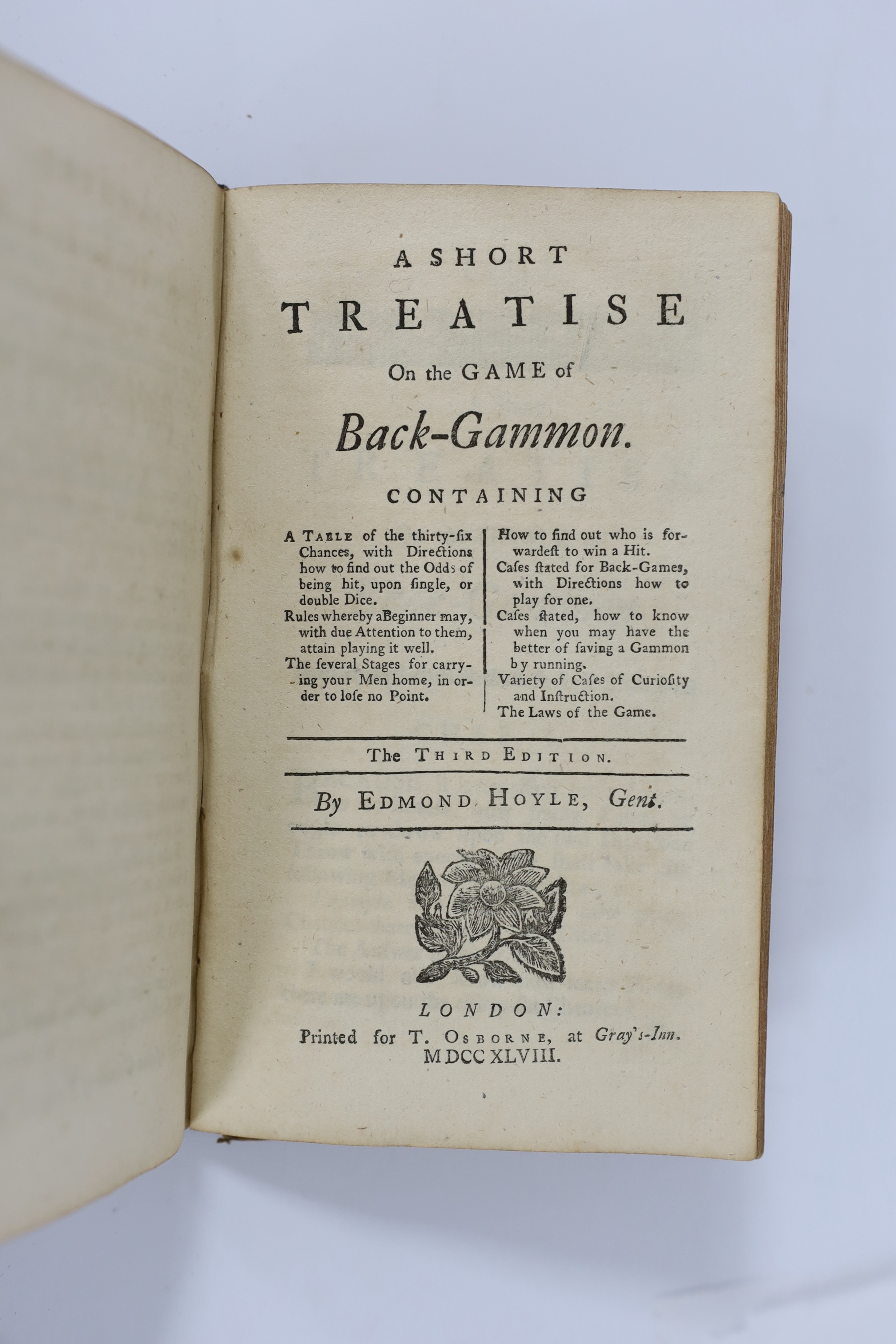 Hoyle, Edmund - Mr. Hoyle’s Treatises of Whist, 8th edition, signed title verso by the author (as a guarantee against piracy), Quadrille, 2nd edition , Piquet, 3rd edition, Chess and Back-Gammon, 3rd edition, continuous